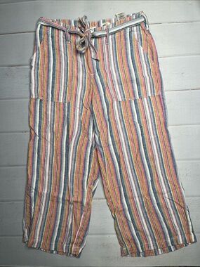 Seven 7 Wide Leg Crop Pants 6 Striped Linen Ladies Seven7 Tie Waist Belt Beach